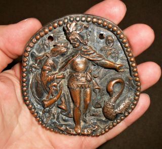 Antique Copper Spelter High Relief Plaque Of Medieval Tale Knight Of The Swan