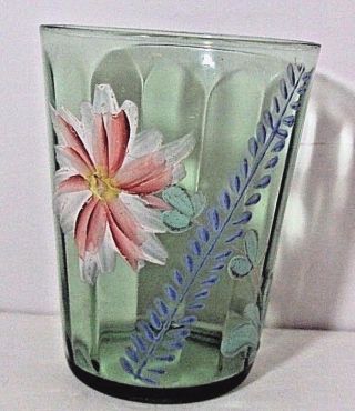 Antique Tumbler Victorian Green Glass Hand Painted Flower Paneled Design