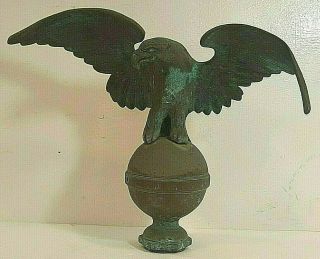Antique Cast Brass Flag Pole Topper Depicting An Eagle Perched On A Globe