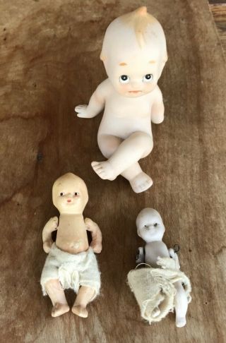 3 Vintage Kewpie Dolls Bisque Pouty W/ Blue Wings & Tiny Hinged & Plastic Hinged