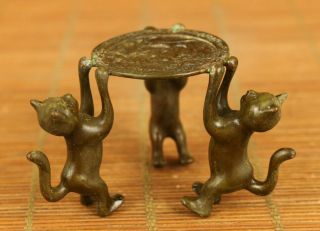 Asian Old Copper Hand Carving Cat Statue Oil Lamp Table Home Decorate Gift