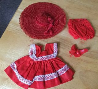 Vintage Vogue Dolls Ginny/jill Outfit Red Dress W Lace,  Panties Hat Shoes