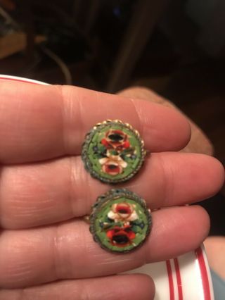 Antique Italian Micro Mosaic Floral Round Earrings - Italy Signed