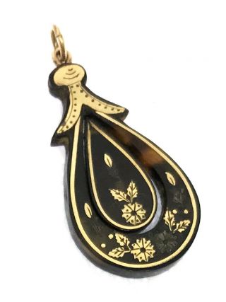 Antique Old Victorian Ornate Faux Tortoise Shell & Gold Pique Necklace Pendant