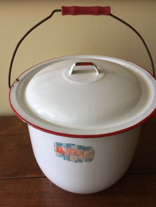 Vintage White Enamel Ware Bucket W/ Handle Chamber Pot Red Trim