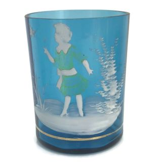 Antique Victorian Art Glass Tumbler Mary Gregory Blue White Enamel Girl With Net