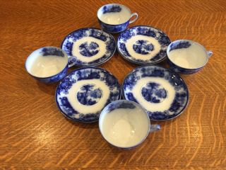 4 Grindley Flow Blue Shanghai Antique China Coffee Cups & Saucers - England