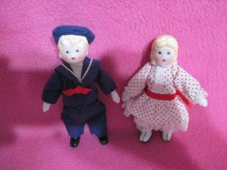 Vintage Bisque 4 " Dolls Pair Sailor Boy Pretty Girl Collectibles Keepsakes Gifts