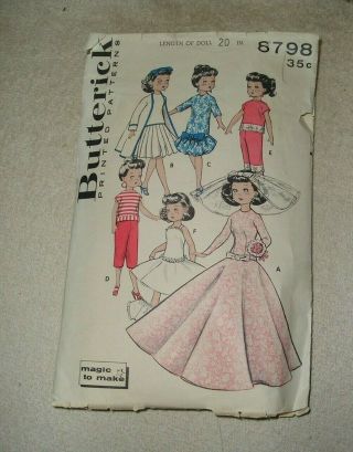 20 " Vintage Doll Pattern Butterick 8798 For P - 93 Toni Sweet Sue Young Dolls Vg