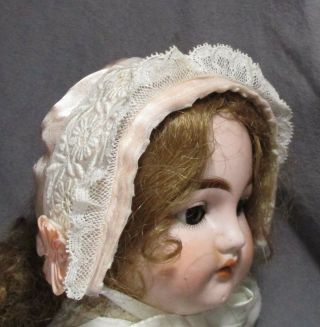 Vintage Doll Hat - Bonnet - Pink Satin W/white Lace Trims