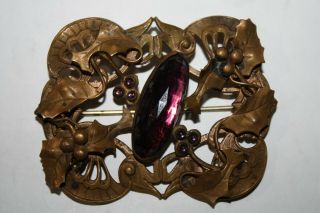 Antique Art Nouveau Victorian Brass & Amethyst Holly Leaves Berries Brooch Pin
