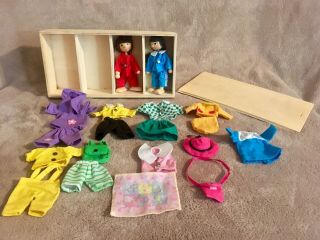 Vintage Girl & Boy Wooden Dolls - 5” - With Wooden Storage Case & 8 Outfits