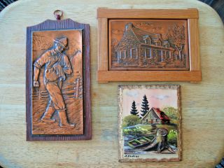Set Of 3 Hand Crafted Copper & Wood Plaques Artist A Nadeau Quebec Canada
