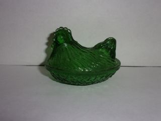 Antique Vintage Green Glass Hen On Nest Signed Unkown Maker
