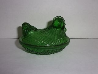 Antique Vintage Green Glass Hen on Nest Signed Unkown Maker 3