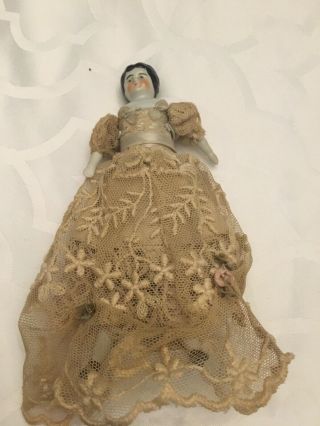 Small Vintage Porcelain Doll - 5 " Beige Antique Dress