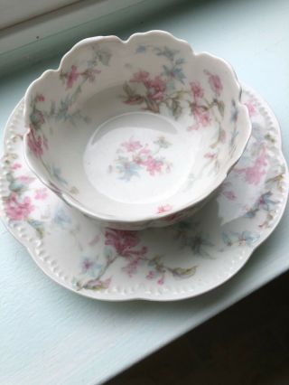 Antique Haviland Limoges France Porcelain Tiny Bowl Pink Blue Flowers