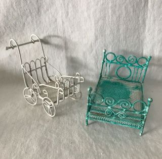 Vintage White & Green Wire Miniature Dollhouse Furniture Stroller Bed