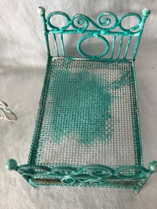 Vintage white & Green Wire Miniature Dollhouse Furniture Stroller Bed 2