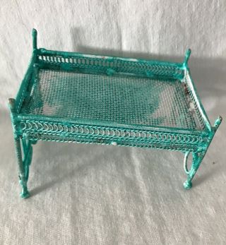 Vintage white & Green Wire Miniature Dollhouse Furniture Stroller Bed 3