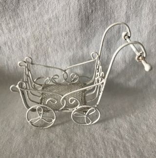 Vintage white & Green Wire Miniature Dollhouse Furniture Stroller Bed 5