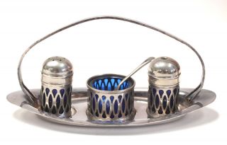 Vintage Silver Plated & Blue Glass Cruet Set Salt & Pepper Shakers & Bowl - H26