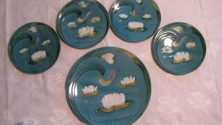 5 Antique Zell Majolica Art Nouveau 2474 Water Lily 11.  5 & 7.  5 Plates Germany