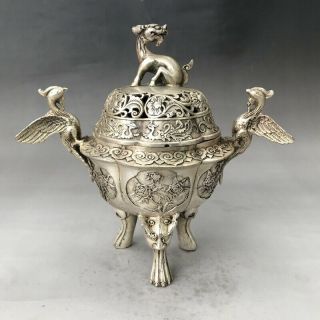 Chinese Ancient Tibetan Silver Incense Burner Hand Carved Phoenix And Animal.