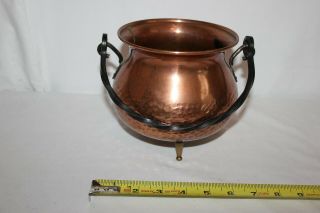 Vintage 6 Inch Hammered Copper Footed Cauldron Kettle Pot Wrought Iron Handle