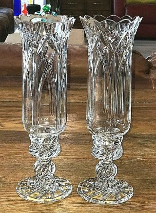 2 Elegant Glass 12 " Cut Crystal Hurricane Chimney On Swirl Spiral Candle Lamps