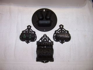 Four Vintage Antique Wall Mounted Black Cast Iron Match Holder