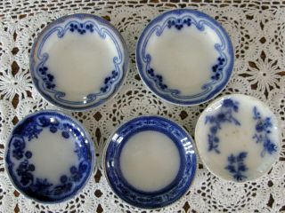 Set Of 5 Antique Vtg Flow Blue Butter Pats Various Patterns (2 Idris) Ex.  Cond.