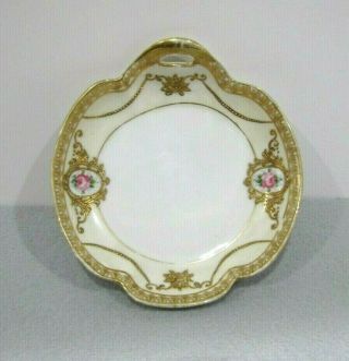 Antique Hand Painted Pink Roses In Garland Of Gold Gilding Handled Dish Japan