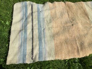 Handmade Vintage Striped Beachy Denim Blues And Brown Neutrals Rag Rug 34” X 64”