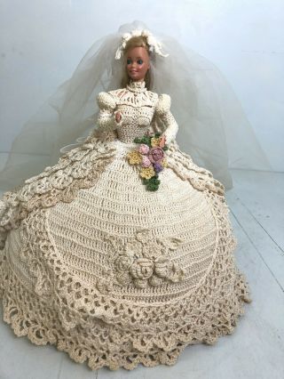 Vintage Ooak Barbie Bride Elaborate Crochet Dress Blonde Hair
