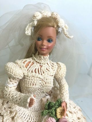 Vintage OOAK Barbie Bride elaborate crochet dress blonde hair 2