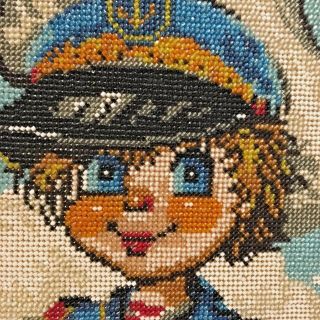 Vtg 100 Bead Embroidery Needlepoint Framed Child Sailor Big Eyes 1960 