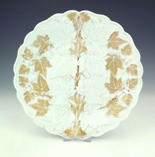Antique Meissen Porcelain - Large Leaf & Fruit Relief Moulded & Gilded Plate