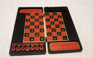 Antique Travel Checkers Game Folding Wood Peg Board Patent 1910