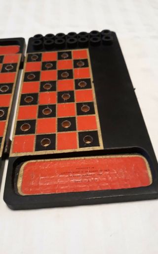 Antique Travel Checkers Game Folding Wood Peg Board Patent 1910 2