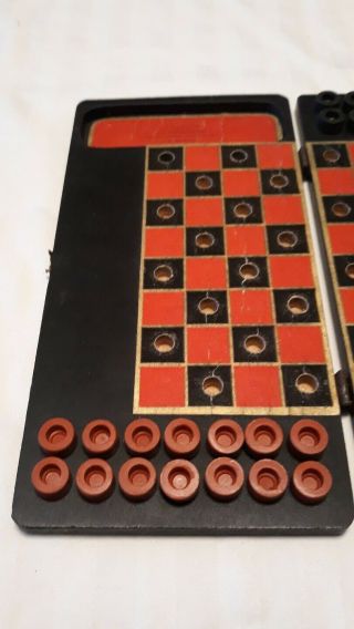 Antique Travel Checkers Game Folding Wood Peg Board Patent 1910 3