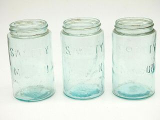 (x3) Antique Sanety Wide Mouth Aqua Mason Jar Salem Glass Nj Scarce