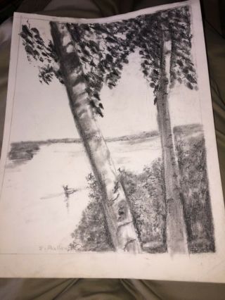 Vintage Pencil Drawing Of Trees By A River Signed Ballauf