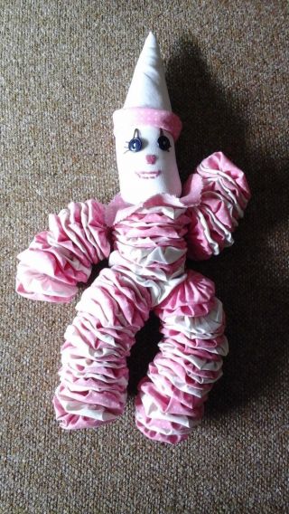 Vintage Yo - Yo Clown Handmade Pink And White With Bells 14 " Doll Toy