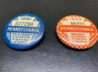 Vintage 1951 & 1952 Pa Pennsylvania Resident Fishing License Buttons