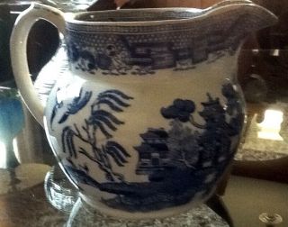 Antique Ridgway Flow Blue Willow Pitcher Engraved Semi China Vintage
