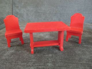 Vintage Wood Dollhouse Furniture - Red Kitchen Table With Two Chairs Set -