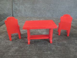Vintage Wood Dollhouse Furniture - Red Kitchen Table With Two Chairs Set - 2