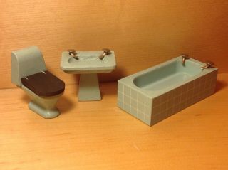 Vintage Wooden Lundby? Strombecker? Bathroom Set Green Toilet Sink And Tub