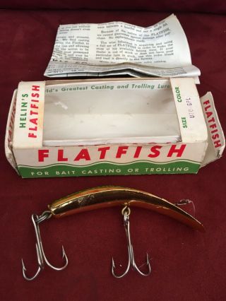Vintage,  3.  25 " Helin Tackle Co,  U20,  Flatfish Lure,  W/box,  Gold